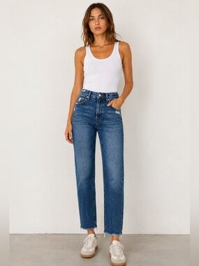 AGOLDE Riley High Rise Straight Leg Jeans Distressed Raw Hem Size 31